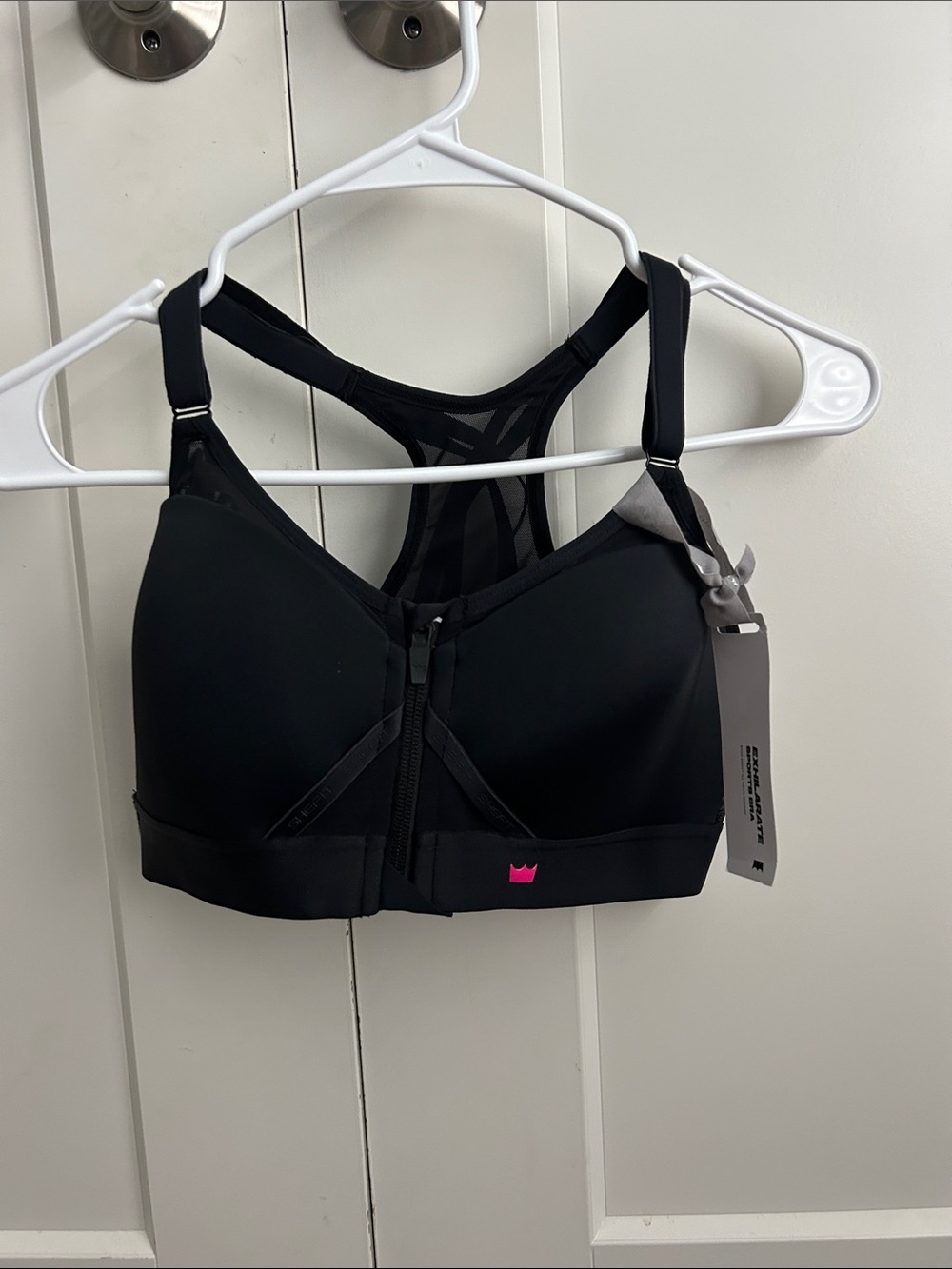 SHEFIT Front-Zip High Support Sports Bra - Black with Pink Logo